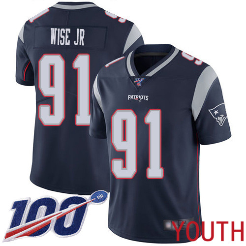 New England Patriots Football #91 100th Limited Navy Blue Youth Deatrich Wise Jr Home NFL Jersey